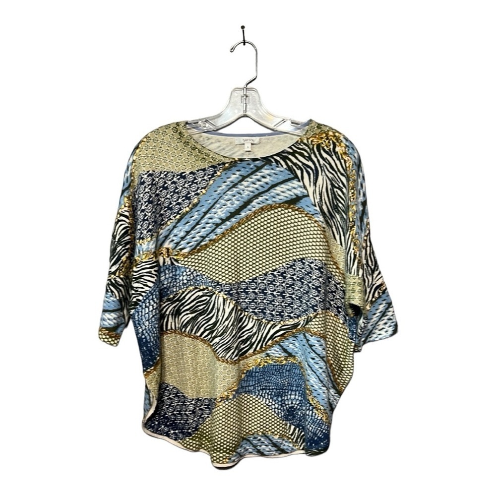 Tyler Boe Animal Print Sweater Small Dolman Sleeve Cotton Cashmere Green Blue